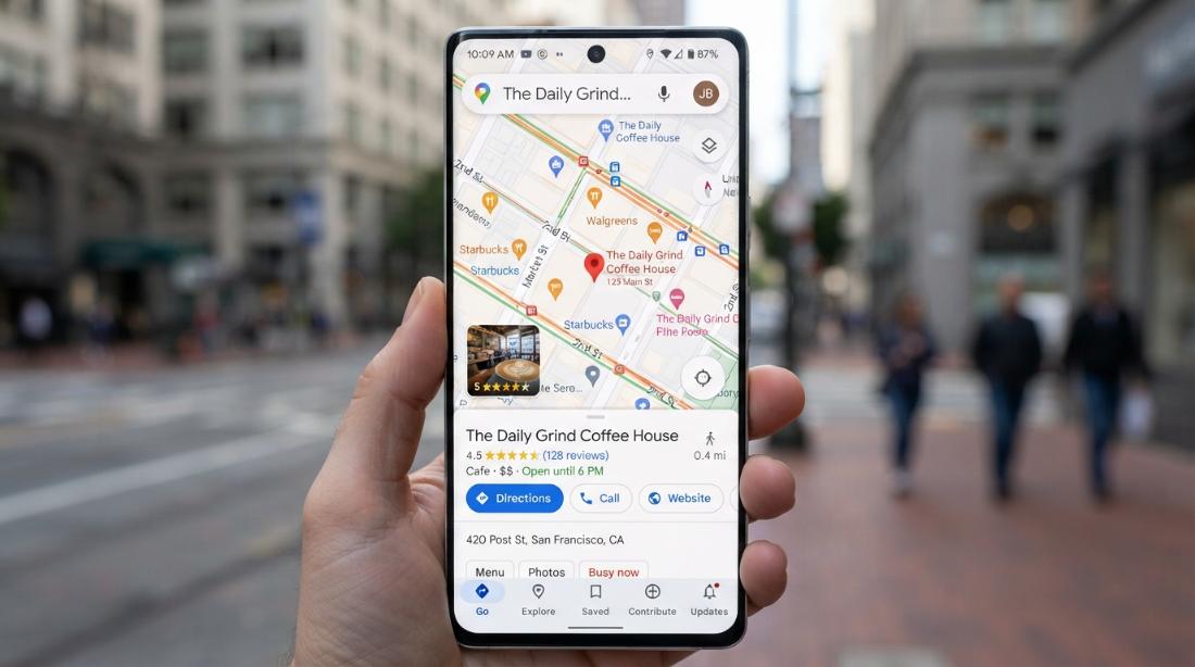 A phone showing a local business on Google Maps with its star rating and review count