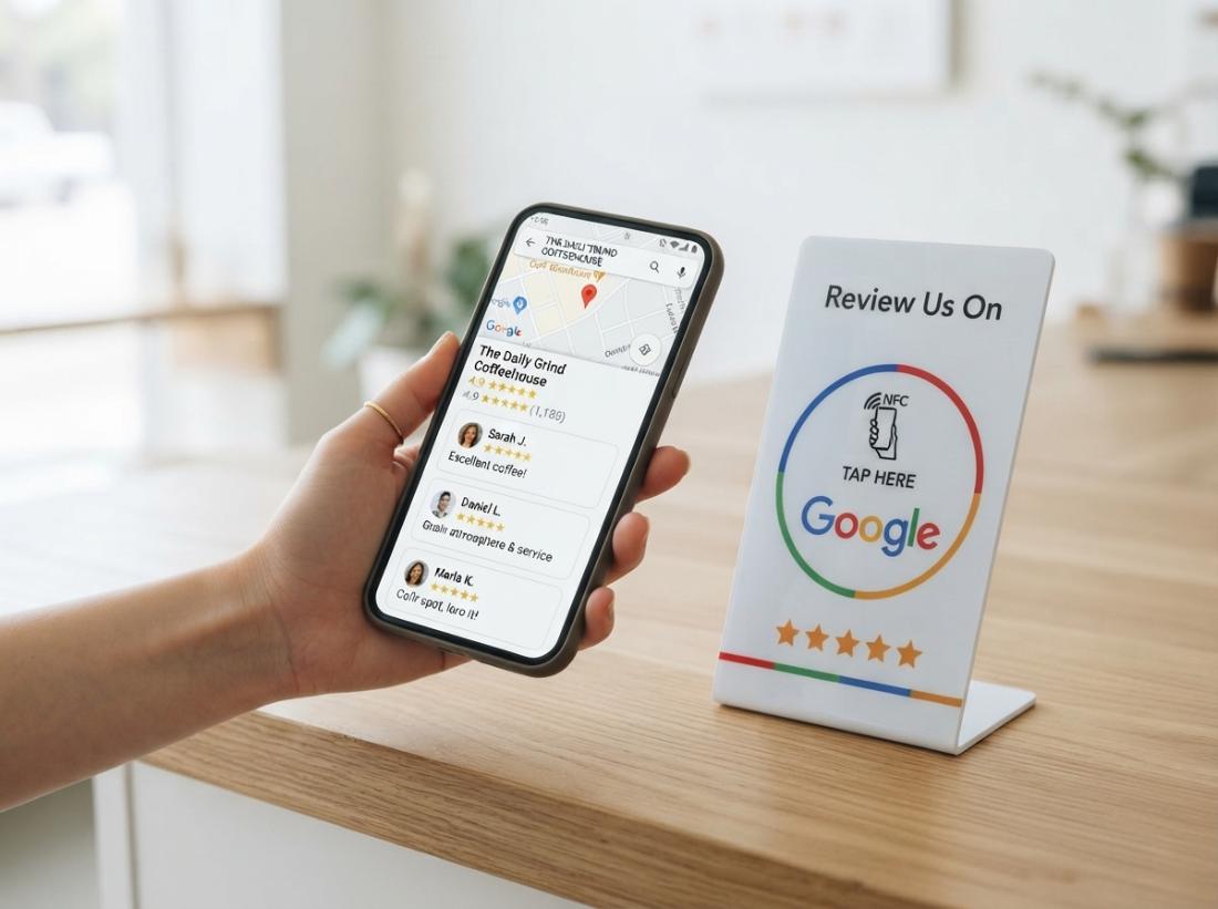 A customer holding a phone showing a café’s Google Maps listing and reviews, beside an EvoMaxTap stand