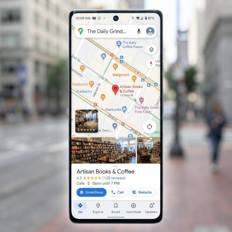 A phone showing a local business on Google Maps with its star rating and review count