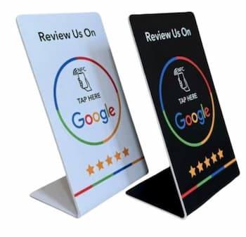 Two EvoMaxTap NFC review stands, white and black