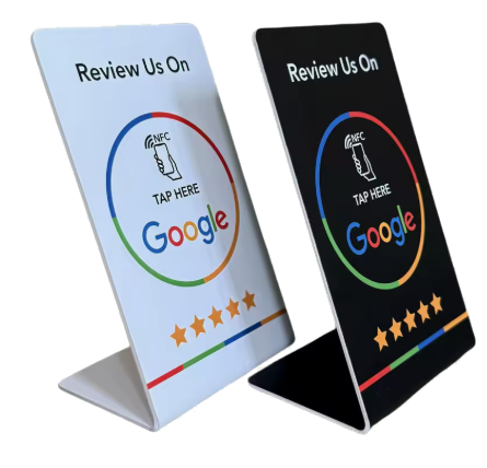 Two EvoMaxTap NFC review stands, white and black